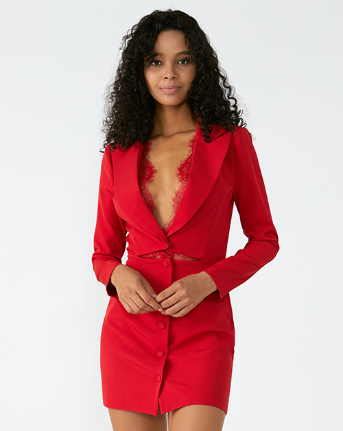 外(wài)貿服裝廠2019春夏新款紅色V領蕾絲拼接西裝連衣裙