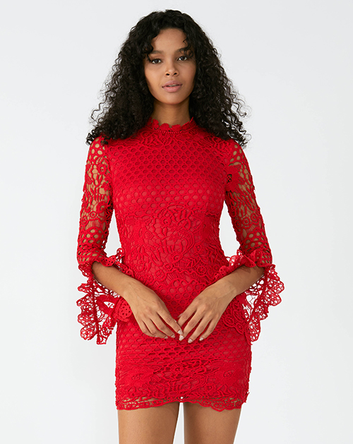 外(wài)貿服裝廠2019春夏新款紅色立領蕾絲連衣裙