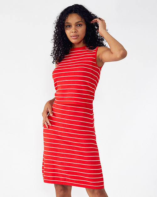 外(wài)貿服裝廠2019春夏新款圓領無袖紅色條紋套裝裙子