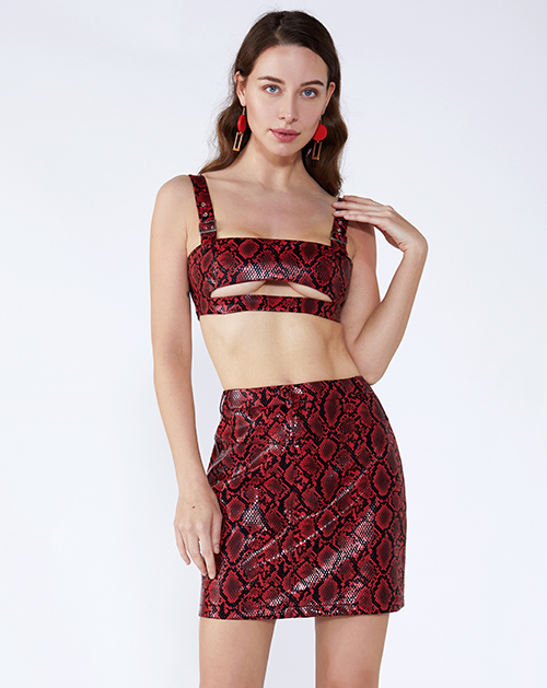 女裝廠紅色蛇紋吊帶镂空短裙套裝